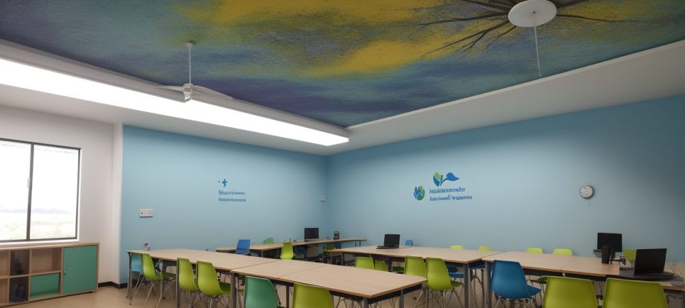 Estudantes aprendendo inglês online em sala de aula moderna com tecnologia interativa, simbolizando a jornada de aprendizado.