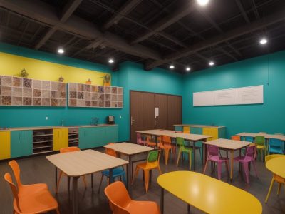 Estudantes ensaiando peças de teatro em sala de aula decorada, explorando técnicas teatrais.