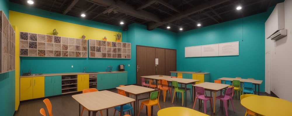 Estudantes ensaiando peças de teatro em sala de aula decorada, explorando técnicas teatrais.