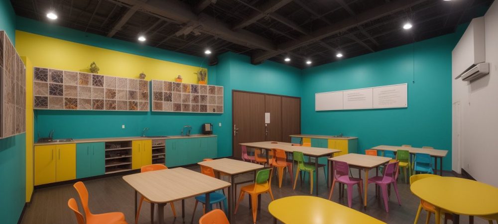 Estudantes ensaiando peças de teatro em sala de aula decorada, explorando técnicas teatrais.