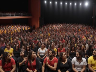 Estudantes ensaiando em aula de teatro com scripts, adereços coloridos e figurinos criativos, ambiente vibrante e acolhedor.