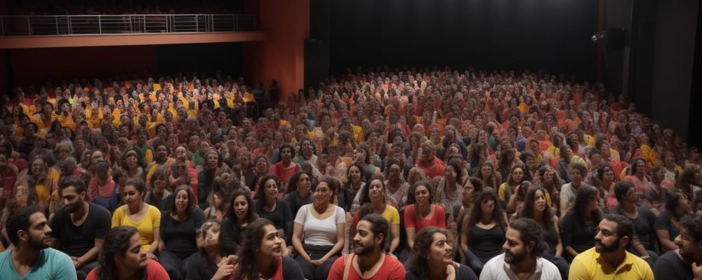 Estudantes ensaiando em aula de teatro com scripts, adereços coloridos e figurinos criativos, ambiente vibrante e acolhedor.
