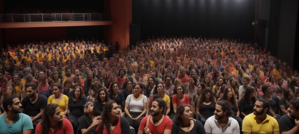 Estudantes ensaiando em aula de teatro com scripts, adereços coloridos e figurinos criativos, ambiente vibrante e acolhedor.