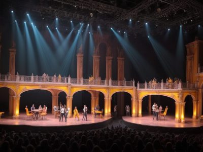 Estudantes interagindo em aula de teatro vibrante, com luzes coloridas e palco ao fundo, praticando técnicas de atuação.