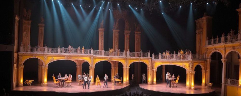 Estudantes interagindo em aula de teatro vibrante, com luzes coloridas e palco ao fundo, praticando técnicas de atuação.