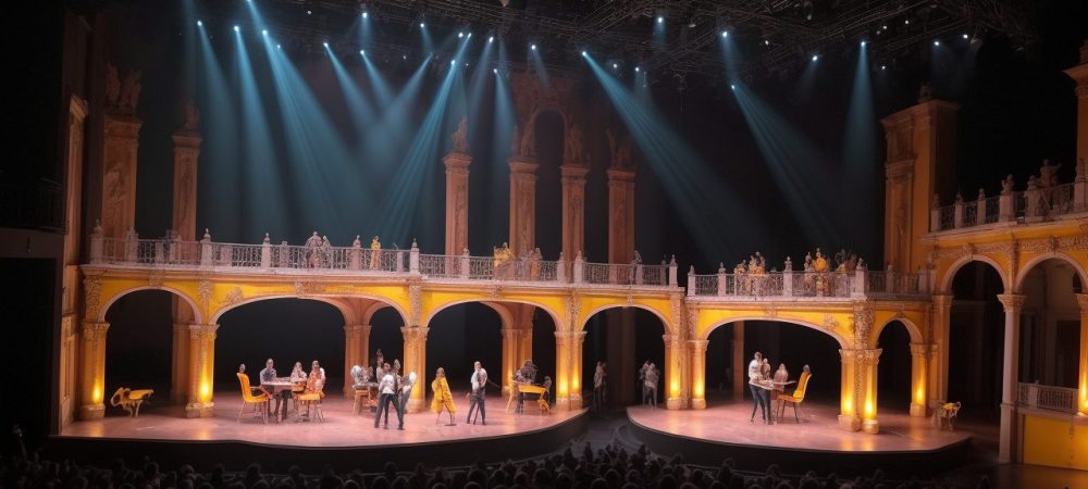 Estudantes interagindo em aula de teatro vibrante, com luzes coloridas e palco ao fundo, praticando técnicas de atuação.