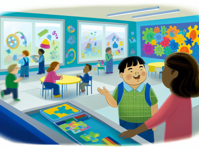 Ambiente escolar inclusivo com criança autista leve conversando com adulto, cercados por alunos em atividade usando tecnologia assistiva e recursos visuais coloridos.