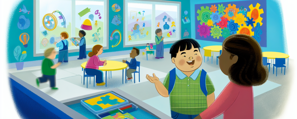 Ambiente escolar inclusivo com criança autista leve conversando com adulto, cercados por alunos em atividade usando tecnologia assistiva e recursos visuais coloridos.