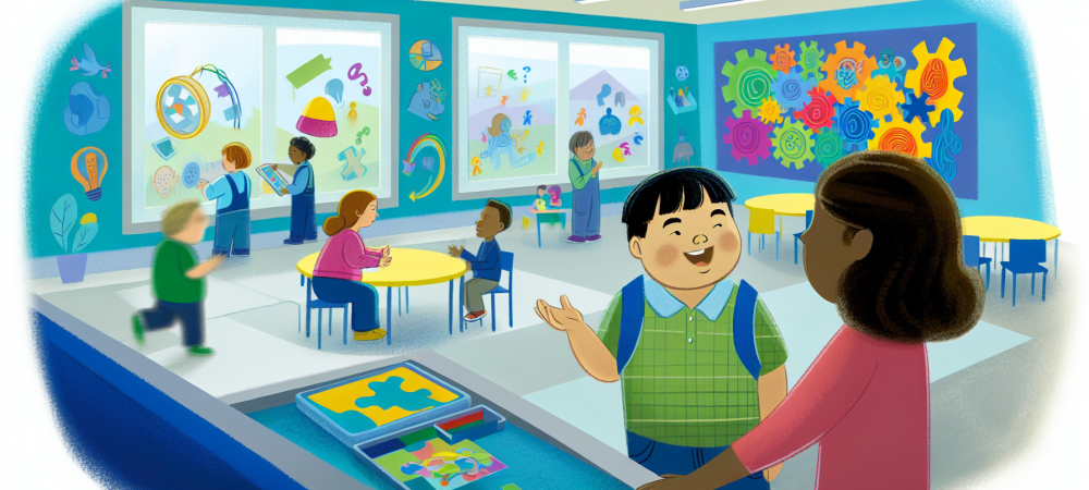 Ambiente escolar inclusivo com criança autista leve conversando com adulto, cercados por alunos em atividade usando tecnologia assistiva e recursos visuais coloridos.