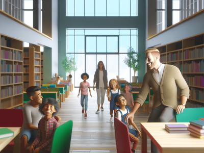 Auxiliar orienta crianças em biblioteca pública com estantes coloridas e iluminação natural.