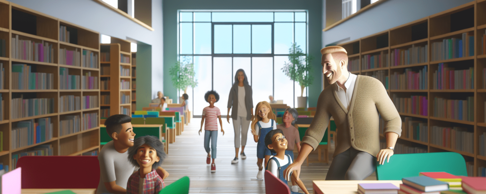 Auxiliar orienta crianças em biblioteca pública com estantes coloridas e iluminação natural.