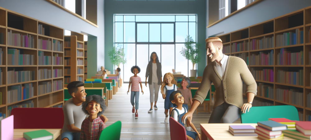 auxiliar-biblioteca-publica.webp Auxiliar orienta crianças em biblioteca pública com estantes coloridas e iluminação natural.