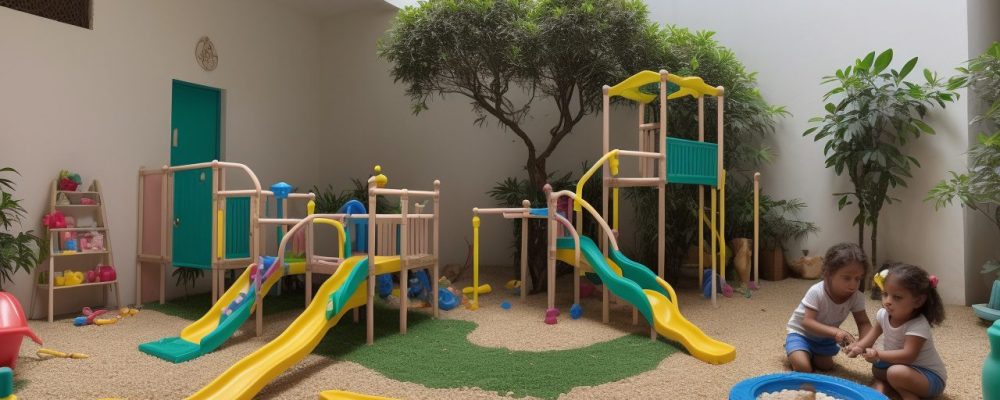 Uma creche acolhedora onde crianças brincam felizes, enquanto um auxiliar de creche observa e apoia, promovendo um ambiente seguro e educativo.