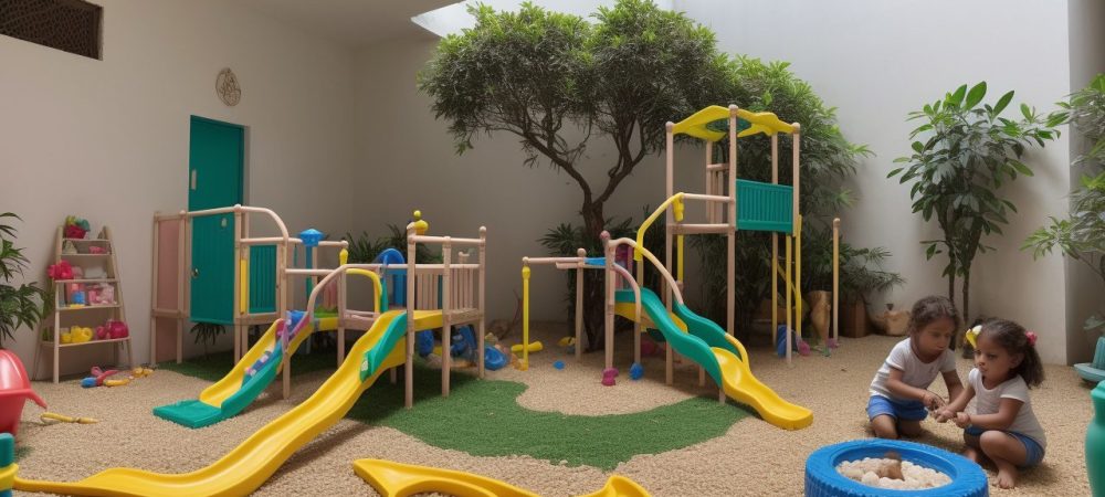 Uma creche acolhedora onde crianças brincam felizes, enquanto um auxiliar de creche observa e apoia, promovendo um ambiente seguro e educativo.