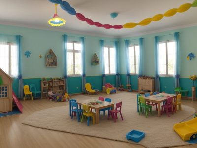 Auxiliar de creche observando crianças em sala vibrante, participando de atividades educativas e lúdicas.