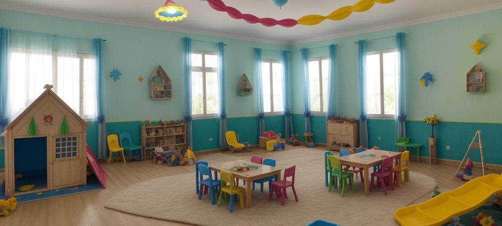 Auxiliar de creche observando crianças em sala vibrante, participando de atividades educativas e lúdicas.
