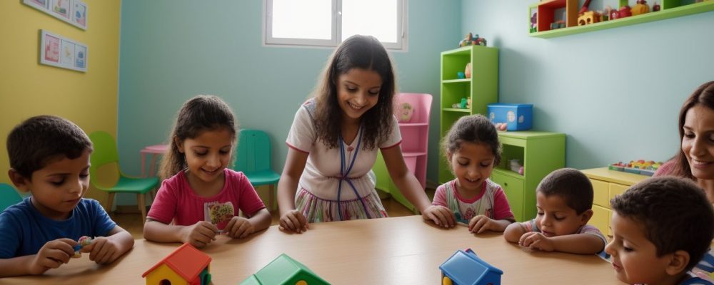 Um ambiente acolhedor de creche com crianças brincando enquanto um auxiliar de creche observa com carinho e atenção.