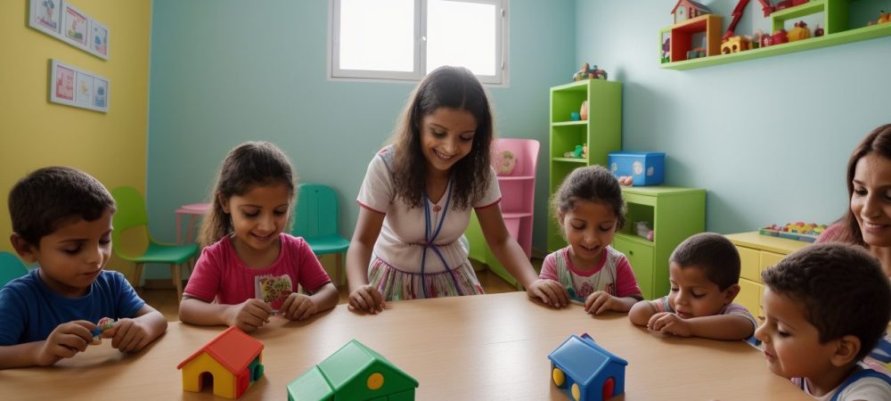 Um ambiente acolhedor de creche com crianças brincando enquanto um auxiliar de creche observa com carinho e atenção.