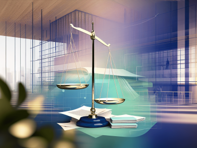 Balança simbolizando direitos e deveres na Lei nº 8.112/90 em um escritório moderno.