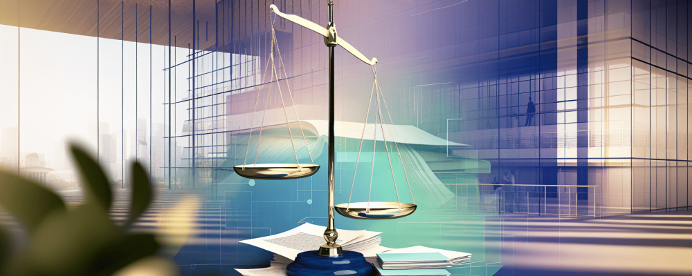 Balança simbolizando direitos e deveres na Lei nº 8.112/90 em um escritório moderno.