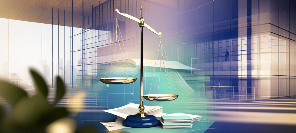 Balança simbolizando direitos e deveres na Lei nº 8.112/90 em um escritório moderno.
