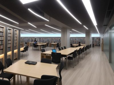 Imagem de uma biblioteca moderna e iluminada, com estantes de livros, áreas de leitura confortáveis e telas digitais, mostrando a automação na gestão de bibliotecas.