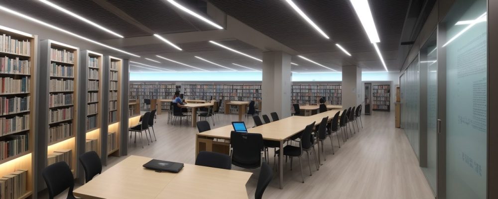 Imagem de uma biblioteca moderna e iluminada, com estantes de livros, áreas de leitura confortáveis e telas digitais, mostrando a automação na gestão de bibliotecas.