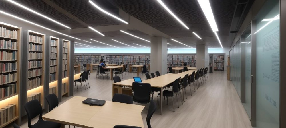 Imagem de uma biblioteca moderna e iluminada, com estantes de livros, áreas de leitura confortáveis e telas digitais, mostrando a automação na gestão de bibliotecas.