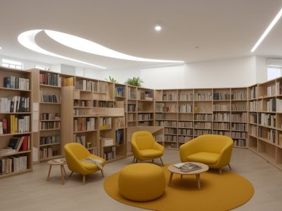 Uma biblioteca moderna cheia de livros organizados, espaços para leitura e tecnologias digitais, facilitando serviços bibliotecários.