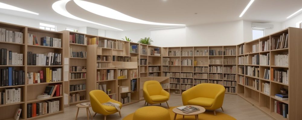 Uma biblioteca moderna cheia de livros organizados, espaços para leitura e tecnologias digitais, facilitando serviços bibliotecários.