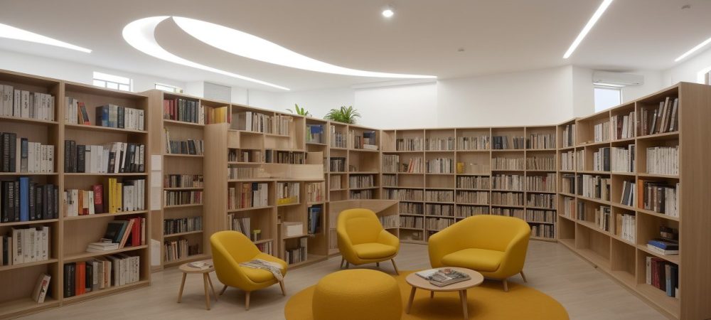 Uma biblioteca moderna cheia de livros organizados, espaços para leitura e tecnologias digitais, facilitando serviços bibliotecários.