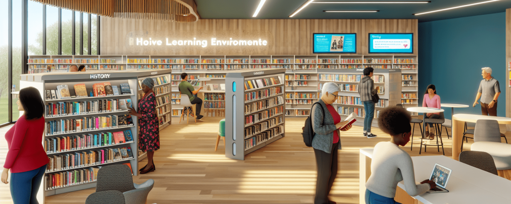 Biblioteca moderna com estantes organizadas e leitores explorando, destacando uma tela digital interativa.