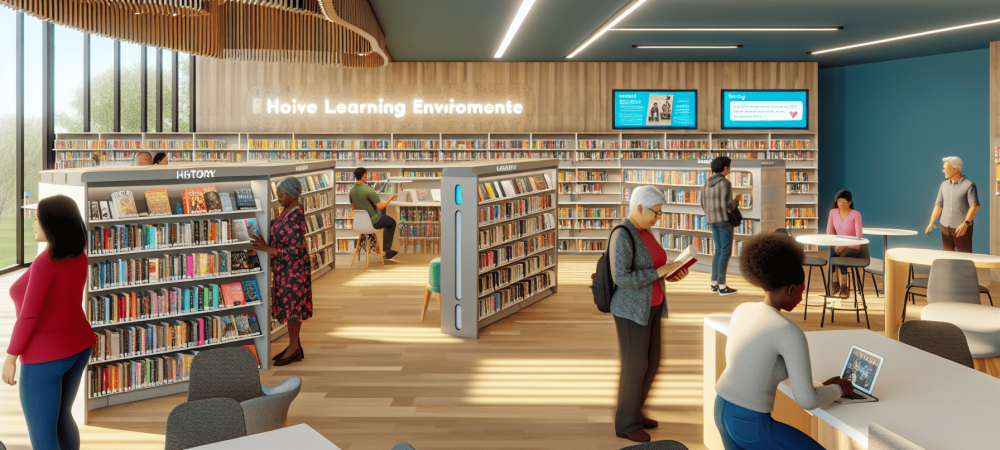 biblioteca-moderna-tela-digital.webp Biblioteca moderna com estantes organizadas e leitores explorando, destacando uma tela digital interativa.