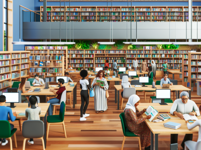 Biblioteca pública acolhedora com livros, mesas de estudo e diversidade de pessoas, destacando inclusão e cultura.