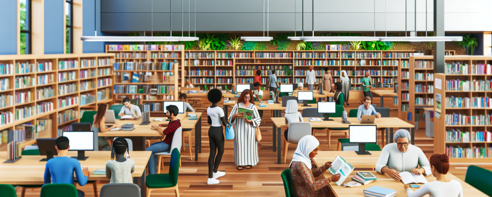 Biblioteca pública acolhedora com livros, mesas de estudo e diversidade de pessoas, destacando inclusão e cultura.