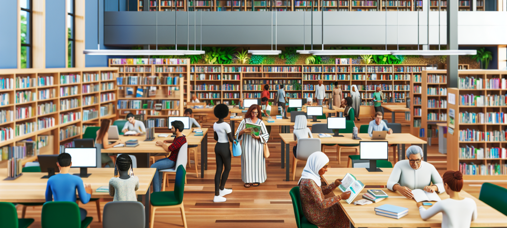 Biblioteca pública acolhedora com livros, mesas de estudo e diversidade de pessoas, destacando inclusão e cultura.