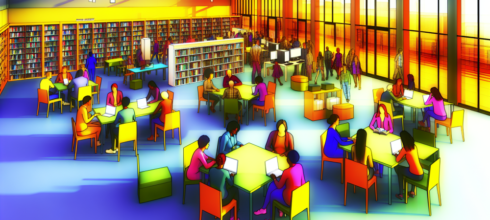 biblioteca-publica-interacao-comunitaria.webp Uma vibrante biblioteca pública com livros coloridos, pessoas lendo e interagindo, sob luz natural e área digital.