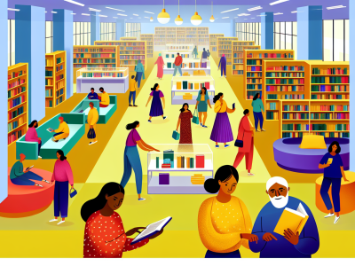 Uma biblioteca pública vibrante com livros coloridos, pessoas interagindo e dispositivos digitais em ambiente acolhedor.