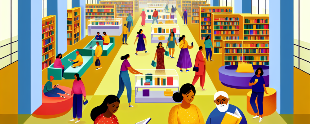 Uma biblioteca pública vibrante com livros coloridos, pessoas interagindo e dispositivos digitais em ambiente acolhedor.