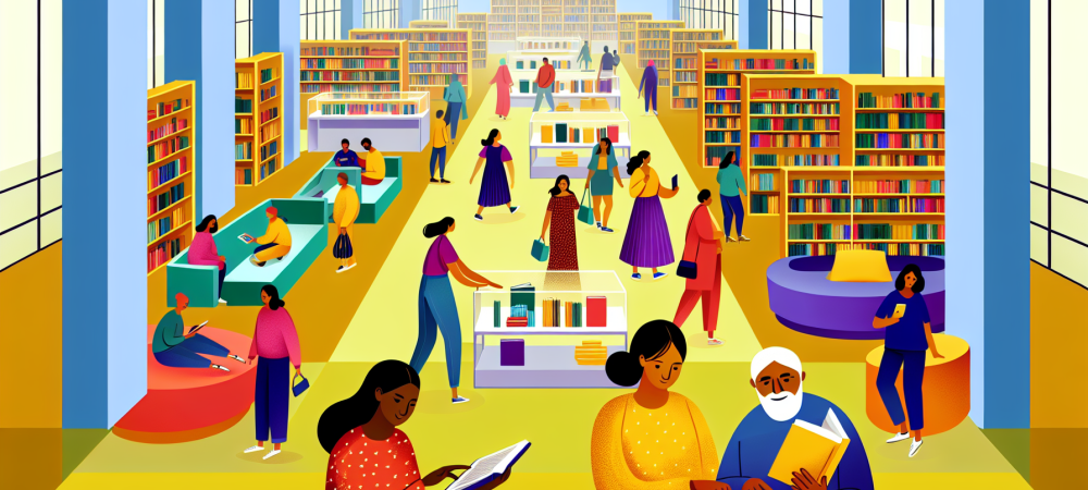 Uma biblioteca pública vibrante com livros coloridos, pessoas interagindo e dispositivos digitais em ambiente acolhedor.