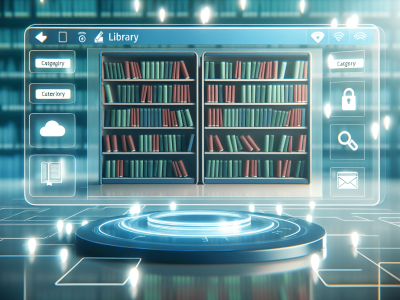 Biblioteca virtual moderna com prateleiras digitais, interface amigável e luzes suaves.