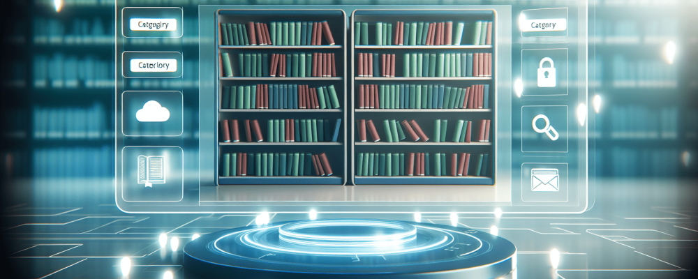 Biblioteca virtual moderna com prateleiras digitais, interface amigável e luzes suaves.