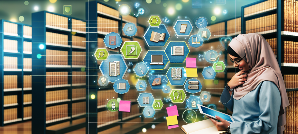 biblioteca-virtual-organizada.webp Uma biblioteca virtual organizada com livros, artigos, vídeos, iluminada e acolhedora, leitor usa tablet e anota informações.