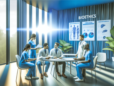 Profissionais de saúde discutindo bioética em um ambiente hospitalar iluminado, com gráficos na parede e documentos sobre ética.