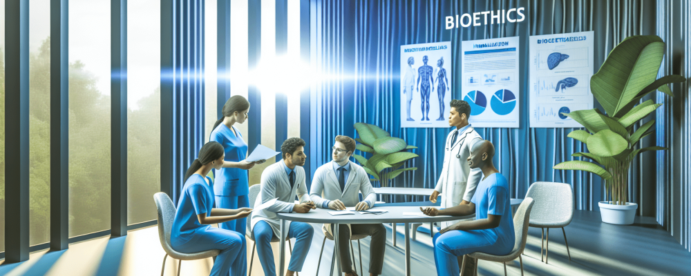 Profissionais de saúde discutindo bioética em um ambiente hospitalar iluminado, com gráficos na parede e documentos sobre ética.