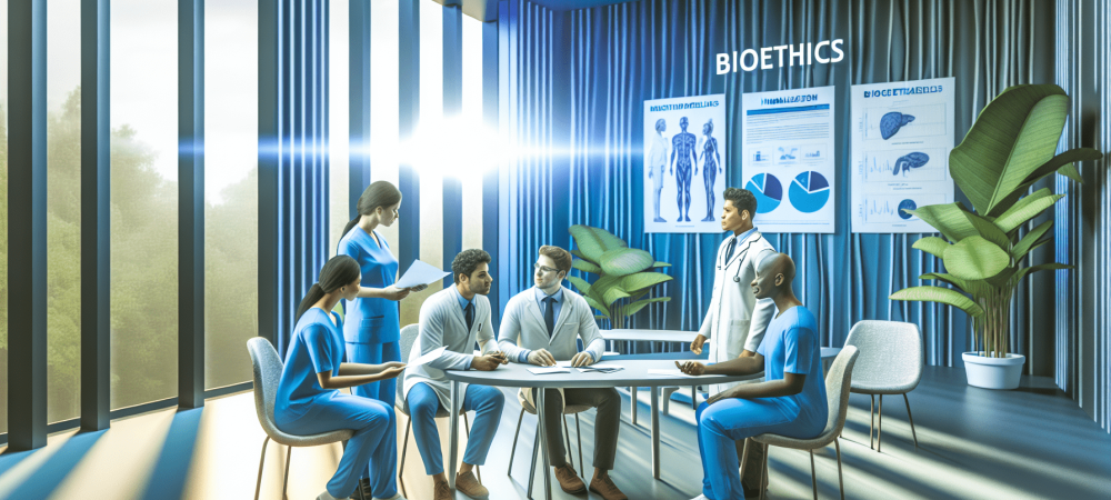Profissionais de saúde discutindo bioética em um ambiente hospitalar iluminado, com gráficos na parede e documentos sobre ética.