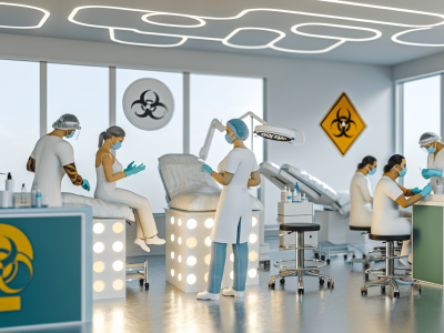 Profissionais em clínica de estética usando EPIs, como luvas e máscaras, com sinalizações de biossegurança visíveis.