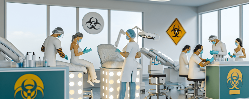 Profissionais em clínica de estética usando EPIs, como luvas e máscaras, com sinalizações de biossegurança visíveis.