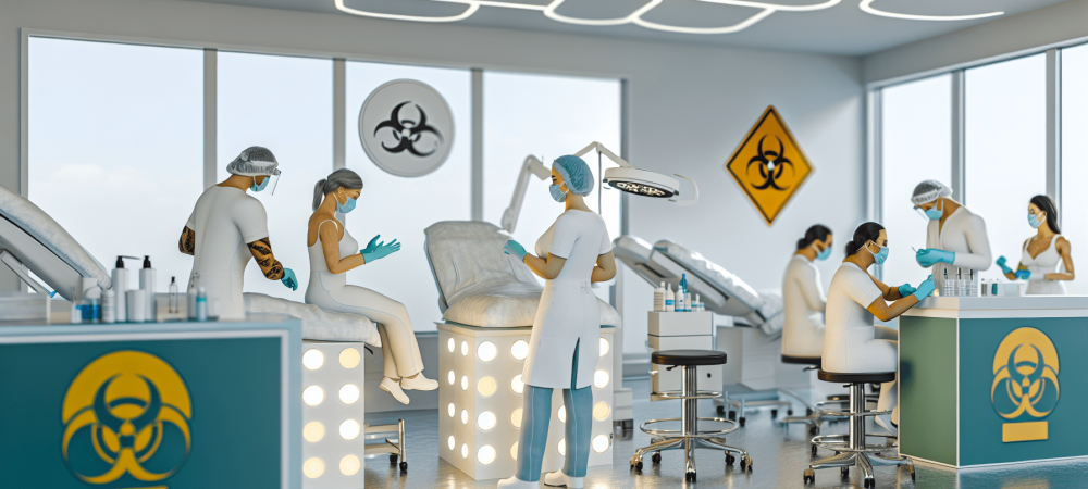 biosseguranca-clinica-estetica-epi.webp Profissionais em clínica de estética usando EPIs, como luvas e máscaras, com sinalizações de biossegurança visíveis.