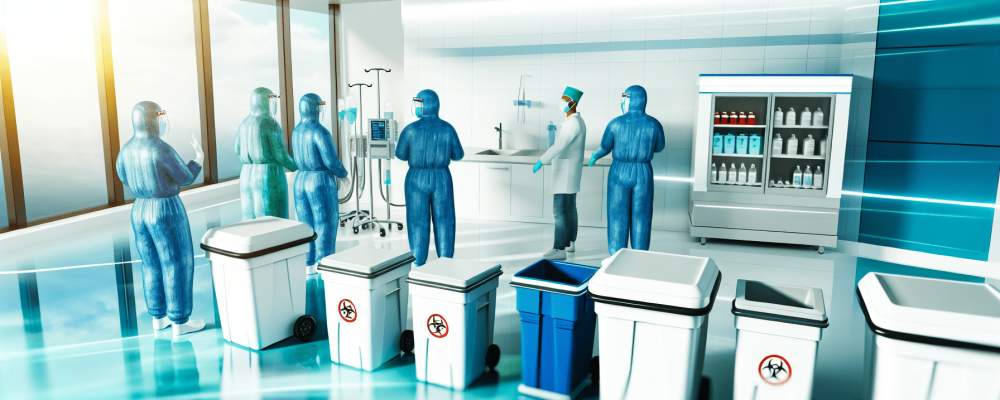 Ambiente hospitalar moderno com profissionais usando EPIs, destacando a importância da biossegurança.